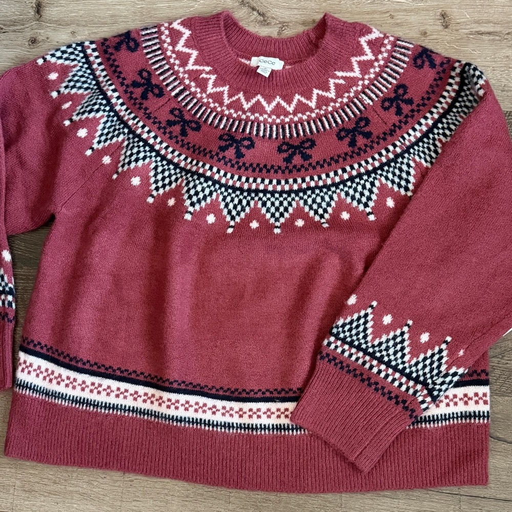 CeCe Burgundy and White Patterned Ribbon Sweater Size XL